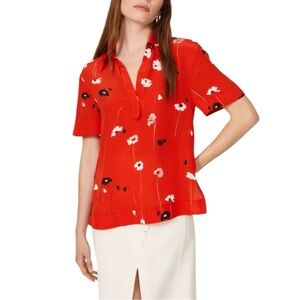 Jason Wu Red Poppy Floral Silk Collared Blouse size 4 Short Sleeves V Neck